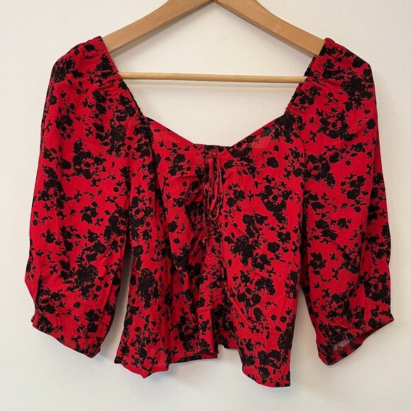 Floral Off Shoulder Puff Sleeve Crop Bow Tie Front Shirt - Size Medium - Picture 1 of 10